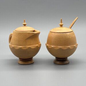 Vintage Wooden Creamer & Sugar Bowl Set with Spoon